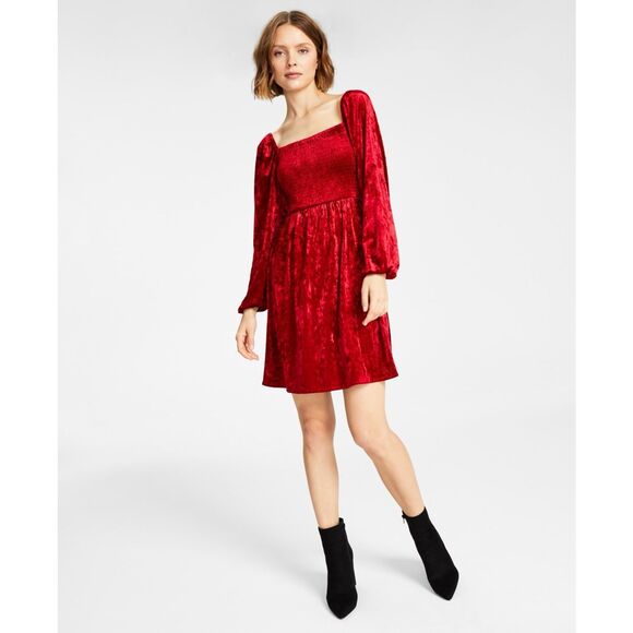 Bar Iii Dresses Womens Red Unlined Smocked Pullover Long Sleeve Square Neck Abov - Picture 1 of 3